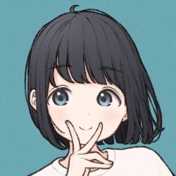 Rule 34 | 1girl, 1ssakawaguchi, ahoge, black hair, blue background, blue eyes, blush, closed mouth, looking at viewer, original, portrait, shirt, short hair, simple background, smile, solo, v over mouth, white shirt