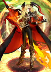 Rule 34 | 1girl, armor, armored boots, black gloves, black horns, black pantyhose, blonde hair, boots, breasts, fate/grand order, fate (series), fire, flaming sword, flaming weapon, full body, gloves, high heel boots, high heels, holding, holding sword, holding weapon, horns, long hair, nero claudius (fate), nero claudius (fate) (all), official art, pantyhose, pointy ears, queen draco (fate), queen draco (third ascension) (fate), red eyes, red scales, scales, solo, sword, third-party source, wada arco, weapon