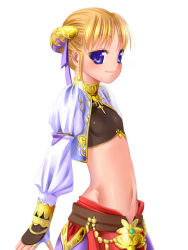 Rule 34 | 00s, 1girl, aphmau, belt, blonde hair, blue eyes, blush, brown gloves, cowboy shot, final fantasy, final fantasy xi, fingerless gloves, gem, gloves, hume, long sleeves, midriff, navel, short hair, simple background, solo, stomach, white background