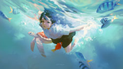 Rule 34 | 1girl, air bubble, barefoot, black hair, blue eyes, bubble, closed mouth, day, fish, g-tz, highres, lips, long hair, looking at viewer, ocean, shirt, signature, skirt, solo, swimming, turtle, underwater, white shirt