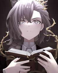 Rule 34 | 1girl, animal ears, arknights, black jacket, black nails, book, braid, brown background, brown eyes, brown hair, extra ears, frown, hair ornament, hezihe, holding, holding book, jacket, open book, penance (arknights), shirt, simple background, solo, split mouth, white shirt, wolf ears, wolf girl