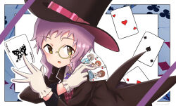 Rule 34 | 1girl, :o, ace (playing card), ace of diamonds, ace of hearts, ace of spades, animal print, ask yourself, black hat, black jacket, blush, butterfly print, card, check commentary, commentary request, diamond (shape), gloves, hagiwara yukiho, hands up, hat, heart, highres, hojo karen, idolmaster, idolmaster million live!, jacket, long sleeves, looking at viewer, makabe mizuki, monocle, monocle chain, pink vest, playing card, poker, purple hair, serizawa asahi, shirt, short hair, sidelocks, solo, spade (shape), tailcoat, top hat, vest, wavy hair, white background, white gloves, white shirt, yellow eyes