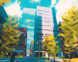 Rule 34 | blue sky, building, cloud, cloudy sky, commentary, creatures (company), english commentary, game freak, gen 1 pokemon, grass, highres, leaf, falling leaves, magnemite, nintendo, outdoors, pikachu, plant, pokemon, pokemon (creature), post, road, saffron city, sidewalk, simone mandl, sky, tree, voltorb