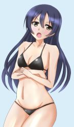 Rule 34 | 10s, 1girl, ankoro (momomonsss), bikini, blue hair, blush, breasts, cleavage, long hair, looking at viewer, love live!, love live! school idol project, open mouth, simple background, small breasts, sonoda umi, swimsuit, yellow eyes