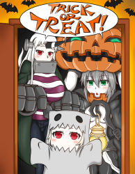 Rule 34 | 10s, 3girls, abyssal ship, alternate costume, bat (animal), breasts, cape, colored skin, cosplay, covered mouth, frankenstein&#039;s monster (cosplay), ghost costume, green eyes, halloween, headgear, height difference, highres, holding, horns, jack-o&#039;-lantern, kantai collection, lantern, large breasts, long hair, multiple girls, northern ocean princess, red eyes, sang youmu, seaport princess, single horn, staff, triangle mouth, trick or treat, white hair, white skin, wo-class aircraft carrier
