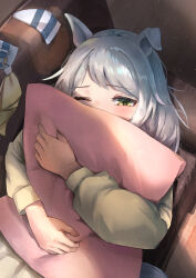 Rule 34 | 1girl, absurdres, animal ears, aoniyoshi, couch, ear cover removed, ear covers, grey hair, highres, hishi miracle (umamusume), holding, holding pillow, horse ears, horse girl, horse tail, looking at viewer, medium hair, on couch, one eye closed, pillow, pink pillow, solo, swept bangs, tail, umamusume, waking up