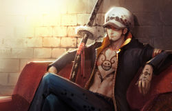 Rule 34 | 1boy, beard, belt, black hair, brick wall, couch, denim, facial hair, hat, jeans, kdash, long sideburns, male focus, navel, one piece, open clothes, pants, realistic, sheath, sheathed, short hair, sideburns, sitting, smile, solo, sword, tattoo, trafalgar law, weapon