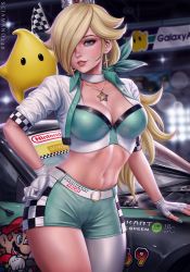 Rule 34 | 1girl, aqua ribbon, artist name, asymmetrical gloves, bare shoulders, belt, blonde hair, blue eyes, blurry, blurry background, blush, bokeh, breasts, buckle, car, checkered flag, choker, cleavage, collarbone, contrapposto, cowboy shot, crown, depth of field, earrings, fingerless gloves, flag, flipped hair, floodlights, gloves, hair over one eye, hair ribbon, hand on own hip, highres, jewelry, large breasts, lips, long hair, looking at viewer, low ponytail, luma (mario), mario, mario (series), mature female, midriff, mismatched gloves, motor vehicle, nail polish, navel, necklace, night, nintendo, pantyhose, parted lips, race queen, realistic, ribbon, rosalina, sciamano240, short shorts, shorts, shrug (clothing), single fingerless glove, single leg pantyhose, solo, solo focus, star (symbol), star earrings, star necklace, stomach, super mario galaxy, white choker, white gloves, white pantyhose