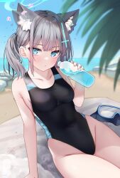 Rule 34 | 1girl, afterimage, animal ear fluff, animal ears, black one-piece swimsuit, blue archive, blue eyes, bottle, breasts, competition swimsuit, covered navel, cross hair ornament, diving mask removed, ear wiggle, extra ears, grey hair, hair ornament, halo, highres, looking at viewer, low ponytail, medium breasts, medium hair, mismatched pupils, multicolored clothes, multicolored swimsuit, neco meito, official alternate costume, one-piece swimsuit, shiroko (blue archive), shiroko (swimsuit) (blue archive), solo, swimsuit, wolf ears