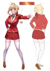 Rule 34 | 1girl, absurdres, ahoge, back, badge, blonde hair, blush, breasts, buttons, character design, character sheet, collared shirt, dress shirt, fate/extra, fate (series), full body, green eyes, hair intakes, hand on own hip, hands on own hips, highres, jacket, large breasts, long hair, long sleeves, looking at viewer, multiple views, necktie, nero claudius (fate), nero claudius (fate) (all), nero claudius (fate/extra), pleated skirt, red jacket, red skirt, shirt, simple background, skirt, smile, thighhighs, white background, white shirt, white thighhighs, yayoi maka