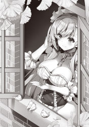Rule 34 | 1girl, adjusting hair, arm up, azur lane, belfast (azur lane), bird, blush, breasts, cleavage, closed mouth, collarbone, greyscale, highres, large breasts, long hair, looking away, maid, maid headdress, monochrome, open window, raiou, smile, solo, window
