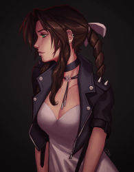 Rule 34 | 1girl, absurdres, aerith gainsborough, artist name, black background, breasts, brown hair, collarbone, cropped jacket, ear piercing, final fantasy, final fantasy vii, final fantasy vii remake, goth fashion, gothic, green eyes, highres, jacket, leather, leather jacket, lip piercing, looking to the side, piercing, ponytail, punk, punkish gothic, qtori, small breasts, solo, upper body, zipper