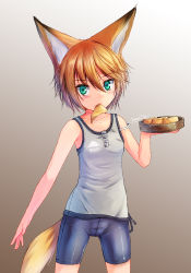 Rule 34 | 1girl, aburaage, animal ears, bad id, bad pixiv id, bike shorts, dreadtie, fang, food, food in mouth, fox ears, fox tail, green eyes, highres, mouth hold, orange hair, original, short hair, solo, standing, strap slip, sushi, tail, tank top