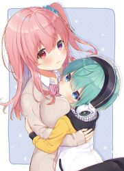 Rule 34 | 1boy, 1girl, age difference, aqua hair, between breasts, blue eyes, blush, border, bow, bowtie, breasts, child, head between breasts, headphones, hetero, heterochromia, highres, hood, hug, jacket, large breasts, long hair, nei (os), one side up, original, os (os fresa), parted lips, purple eyes, red eyes, short hair, sleeves past wrists, smile, souta (os), twitter username, white border