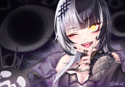 Rule 34 | 1girl, absurdres, bantish, black hair, black nails, breasts, cleavage, fur trim, glowing, glowing eye, highres, hololive, hololive english, jewelry, medium breasts, multicolored hair, one eye closed, ring, shiori novella, shiori novella (1st costume), signature, solo, split-color hair, tongue, tongue out, virtual youtuber, white hair, yellow eyes, yorick (shiori novella)