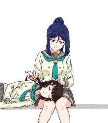 Rule 34 | 2girls, black hair, blunt bangs, buttons, closed mouth, commentary, double-breasted, go6jovoahdc8h7k, green neckerchief, grey sailor collar, grey skirt, hair between eyes, highres, kurosawa dia, lap pillow, long hair, long sleeves, looking at another, love live!, love live! sunshine!!, matsuura kanan, multiple girls, neckerchief, parted lips, playing with another&#039;s hair, ponytail, purple eyes, purple hair, sailor collar, school uniform, serafuku, sidelocks, sitting, skirt, sleeping, sleeve cuffs, smile, symbol-only commentary, upper body, uranohoshi school uniform, white background, white serafuku, winter uniform