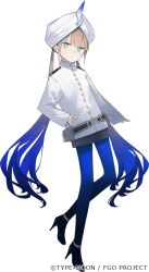 Rule 34 | 1other, aqua eyes, astg, blue hair, captain nemo (fate), closed mouth, fate/grand order, fate (series), full body, gradient hair, high heels, jacket, light brown hair, long hair, long sleeves, looking at viewer, multicolored hair, nemo (fate), official art, pantyhose, shorts, simple background, solo, turban, twintails, very long hair, white background, white jacket