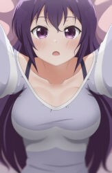 Rule 34 | 1girl, :o, absurdres, bed sheet, blurry, blush, breasts, breasts apart, casual, cleavage, collarbone, commentary, depth of field, gochuumon wa usagi desu ka?, grey shirt, hair between eyes, hair spread out, highres, incoming hug, large breasts, long hair, looking at viewer, lying, on back, open mouth, poa mellhen, pov, purple eyes, purple hair, shirt, sidelocks, straight-on, striped clothes, striped shirt, tedeza rize, very long hair