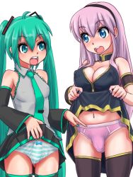 Rule 34 | 2girls, black legwear, bow, bow panties, breasts, bulge, cleavage, clothes lift, covered erect nipples, detached sleeves, futanari, green eyes, green hair, green panties, hatsune miku, large breasts, long hair, medium breasts, megurine luka, multiple girls, navel, necktie, o-minato, open mouth, panties, pink hair, pink panties, pointing, skirt, skirt lift, striped clothes, striped panties, thighhighs, twintails, underwear, very long hair, vocaloid, white background