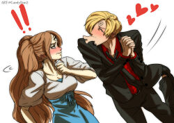 Rule 34 | !, !!, 1boy, 1girl, absurdres, belt, black footwear, black jacket, black necktie, black pants, blonde hair, blue dress, blue eyes, blush, breasts, brown hair, charlotte pudding, cleavage, closed eyes, closed mouth, collared shirt, dress, facial hair, full-face blush, hair over one eye, heart, hetero, highres, imminent kiss, interlocked fingers, jacket, lips, long hair, long sleeves, looking at another, medium breasts, necktie, one piece, own hands together, pants, red shirt, rita ya, sanji (one piece), shirt, short hair, short sleeves, spoken exclamation mark, spoken heart, standing, standing on one leg, third eye
