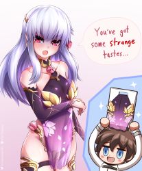 Rule 34 | 1girl, armlet, armor, arms up, bare shoulders, bikini armor, blue eyes, blush, bracelet, breasts, brown hair, chaldea uniform, circlet, collar, collarbone, covered navel, cutting board, detached sleeves, dress, earrings, fate/grand order, fate (series), floral print, fujimaru ritsuka (male), hair ribbon, highres, jewelry, kama (fate), kama (second ascension) (fate), long hair, long sleeves, looking at viewer, metal collar, nueos, open mouth, pelvic curtain, purple dress, purple sleeves, purple thighhighs, red eyes, ribbon, ring, riyo (lyomsnpmp) (style), shirt, short hair, silver hair, small breasts, smile, speech bubble, thigh strap, thighhighs, thighlet, thighs, white shirt