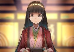 Rule 34 | 1girl, black hair, blurry, brown eyes, closed mouth, depth of field, handheld game console, hime cut, houraisan kaguya, hsin, japanese clothes, kimono, layered clothes, layered kimono, long hair, playing games, sidelocks, smile, solo, touhou, upper body, very long hair