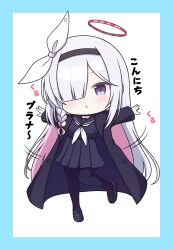 Rule 34 | 1girl, absurdres, black coat, black eyes, black hairband, black pantyhose, black serafuku, black shirt, blue archive, blue border, blush, border, braid, chibi, coat, colored inner hair, commentary request, full body, hair over one eye, hair ribbon, hairband, halo, highres, loafers, long coat, long hair, long sleeves, looking at viewer, magaasha, multicolored hair, neckerchief, one eye covered, open clothes, open coat, open mouth, outstretched arms, pantyhose, pink hair, pink halo, plana (blue archive), pleated skirt, ribbon, school uniform, serafuku, shirt, shoes, side braid, skirt, solo, standing, translated, very long hair, white background, white hair, white neckerchief, white ribbon