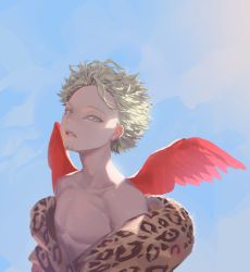 Rule 34 | 1boy, absurdres, blonde hair, blue background, boku no hero academia, brown coat, coat, collarbone, commentary request, f2 (fnf0023), facial hair, feathered wings, gradient background, hawks (boku no hero academia), highres, lips, looking at viewer, male focus, off-shoulder coat, off shoulder, parted lips, red wings, short hair, solo, spiked hair, teeth, upper body, wings, yellow eyes
