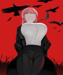 Rule 34 | 1girl, absurdres, bird, black pants, booruguru, breasts, chainsaw man, crow, female focus, grass, highres, huge breasts, makima (chainsaw man), orange eyes, pants, red background, red eyes, shirt, solo, thick thighs, thighs, white shirt