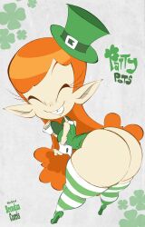 Rule 34 | ass, ass focus, breasts, brendan corris, female focus, green hat, green robe, hat, highres, long hair, looking back, naughty face, non-web source, robe, small breasts, smile, striped clothes, striped thighhighs, thick thighs, thighhighs, thighs, very long hair