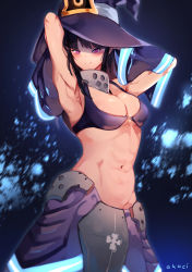 Rule 34 | 1girl, abs, armpits, arms behind head, black hair, black hat, blush, breasts, en&#039;en no shouboutai, hat, kani fish, large breasts, looking at viewer, maki oze, midriff, muscular, muscular female, navel, purple eyes, smirk, solo, standing, stomach, uniform, upper body, witch, witch hat