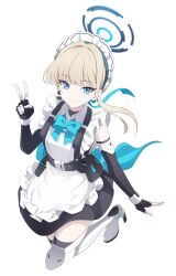 Rule 34 | 1girl, akizawa, apron, black gloves, black thighhighs, blonde hair, blue archive, blue bow, blue bowtie, blue eyes, blue halo, bow, bowtie, closed mouth, collared shirt, fingerless gloves, frilled apron, frills, full body, gloves, halo, highres, long hair, looking at viewer, maid, maid headdress, shirt, simple background, solo, thighhighs, toki (blue archive), v, white apron, white background, white shirt