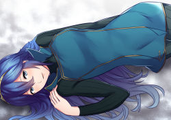 Rule 34 | 1girl, ameno (a meno0), blue eyes, blue hair, blue shirt, blush, bodysuit, breasts, collared shirt, commentary request, cowboy shot, fire emblem, fire emblem awakening, from above, from side, gold trim, hair between eyes, hand on own shoulder, looking at viewer, lucina (fire emblem), lying, nintendo, on back, parted lips, shirt, sidelocks, small breasts, solo, tiara