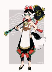 Rule 34 | 1girl, :/, animal ears, baggy pants, bell, black footwear, black hair, blue eyes, bracer, dog ears, dog girl, dog tail, full body, grey background, hand on own hip, holding, inu-hariko, japanese clothes, looking at viewer, mallet, neck bell, original, pants, rope, shimenawa, short eyebrows, short hair, sideless outfit, simple background, sleeveless, solo, standing, tail, twitter username, white hair, yotsu kado