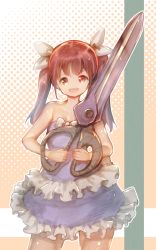 Rule 34 | 1girl, bare shoulders, blue dress, bow, brown eyes, brown hair, character request, commentary request, cosplay, crossover, dress, hair bow, little witch nobeta, long hair, open mouth, oversized object, ribbon, scissors, smile, solo, strapless, strapless dress, twintails, usapenpen2019, weapon