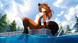 Rule 34 | 1girl, animal ears, brown hair, closed eyes, fox ears, fox girl, fox tail, furry, furry female, highres, laura (twokinds), long hair, nude, pool, source request, tail, third-party edit, tom fischbach, twokinds, water