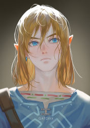Rule 34 | 1boy, artist name, backlighting, blonde hair, blue eyes, blue tunic, closed mouth, commentary request, earrings, expressionless, gatorix, grey background, hair between eyes, jewelry, link, long hair, looking to the side, male focus, nintendo, pointy ears, portrait, simple background, solo, the legend of zelda, the legend of zelda: breath of the wild