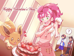 Rule 34 | 1girl, 2boys, ?, alternate hairstyle, apron, ash ketchum, baseball cap, black pants, blue vest, cake, chloe (pokemon), creatures (company), eevee, food, fruit, game freak, gen 1 pokemon, goh (pokemon), grey shirt, happy valentine, hat, heart, high ponytail, highres, icing, indoors, long hair, long sleeves, maroon hair, multiple boys, nintendo, open mouth, pants, pokemon, pokemon (anime), pokemon (creature), pokemon journeys, ponytail, red headwear, shirt, short sleeves, shorts, sleeves pushed up, smile, spoken question mark, strawberry, tail, tail wagging, upper body, vest, whipped cream, white shirt