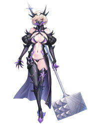 Rule 34 | 00s, 1girl, armor, ban! (bansankan), bare shoulders, bikini, bikini armor, blonde hair, boots, breasts, cleavage, crown, full body, grey eyes, hair ornament, hammer, highres, holding, holding weapon, large breasts, light brown hair, lilith-soft, looking at viewer, mask, navel, navel piercing, oversized object, piercing, revealing clothes, shiny skin, short hair, side-tie bikini bottom, simple background, swimsuit, taimanin (series), taimanin asagi, taimanin asagi kessen arena, taimanin rpgx, thong, weapon, white background, wight (taimanin asagi)