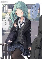 Rule 34 | 1girl, absurdres, artist name, bag, black jacket, black necktie, black pantyhose, blazer, buttons, cardigan, closed eyes, collared shirt, commentary request, diagonal-striped clothes, diagonal-striped necktie, green hair, grey cardigan, grey skirt, grin, hamigakikoice, highres, holding, holding bag, instrument case, jacket, long hair, long sleeves, necktie, original, outdoors, pantyhose, plaid, plaid skirt, pleated skirt, road, school bag, school uniform, shirt, skirt, smile, solo, speech bubble, striped clothes, teeth, thick eyebrows, translation request, twitter username, watermark, white shirt, winter uniform