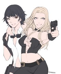Rule 34 | arm around neck, bad id, bad twitter id, belt, black gloves, black hair, blouse, blue eyes, breasts, capcom, corset, devil may cry (series), devil may cry 5, fingerless gloves, flat color, foreshortening, gloves, goggles, goggles around neck, grin, gun, heterochromia, highres, kyou (ningiou), lady (devil may cry), large breasts, lips, long hair, midriff, shirt, short hair, simple background, smile, trish (devil may cry), weapon, white background, white shirt