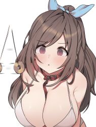 Rule 34 | 1girl, @ @, aa211108, afterimage, animal collar, bikini, blush, breasts, brown hair, cleavage, coin, coin on string, collar, highres, huge breasts, hypnosis, idolmaster, idolmaster shiny colors, leash between breasts, long hair, looking at object, mind control, pendulum, ponytail, simple background, solo, swimsuit, tsukioka kogane, very long hair, white background, white bikini