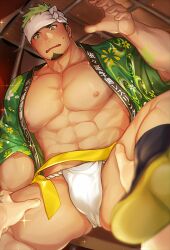 Rule 34 | 2boys, abs, bara, bare pectorals, black hair, blush, bulge, dark-skinned male, dark skin, embarrassed, facial hair, fundoshi, goatee, gozu farm, green eyes, green hair, happi, headband, highres, ikusaba daisuke, japanese clothes, large pectorals, male focus, male underwear, mature male, multicolored hair, multiple boys, muscular, muscular male, navel, navel hair, nipples, no pants, official alternate costume, pectorals, pov, pov hands, protagonist 3 (housamo), revision, short hair, solo focus, spread legs, stomach, thick thighs, thighs, tokyo houkago summoners, two-tone hair, underwear, white male underwear, yaoi