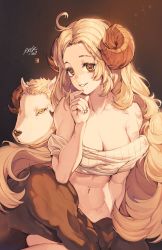 Rule 34 | 1girl, animal ears, blonde hair, breasts, cleavage, curled horns, dark background, hand on own chin, hand on own face, highres, horns, long hair, looking at viewer, mole, mole under mouth, off-shoulder sweater, off shoulder, original, ribbed sweater, sheep, sheep ears, sheep girl, sheep horns, sitting, smile, solo, sweater, velahka, very long hair, yellow eyes