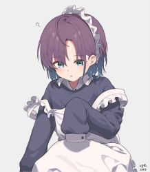 Rule 34 | 1girl, :o, ?, aged down, ahoge, apron, asakura toru, blue hair, blush, commission, dated, dress, gradient hair, highres, idolmaster, idolmaster shiny colors, looking down, loose clothes, maid headdress, multicolored hair, myeolchi, parted bangs, pinafore dress, purple hair, signature, simple background, sleeveless dress, sleeves past fingers, sleeves past wrists, solo, white apron