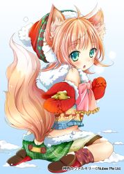 Rule 34 | 1girl, animal ears, ass, bare shoulders, blush, brown hair, coin, fang, fox ears, fox tail, green eyes, hat, holding, holding coin, looking at viewer, mittens, open mouth, picpicgram, red hat, red mittens, santa hat, seiza, shinkai no valkyrie, short hair, sitting, snow, solo, tail