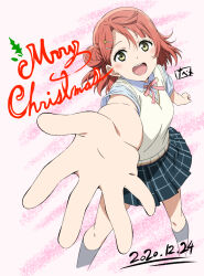 Rule 34 | 1girl, blush, braid, braided bun, breasts, clenched hand, commentary request, cropped legs, dated, from above, hair bun, hair ornament, hairclip, looking at viewer, looking up, love live!, love live! nijigasaki high school idol club, medium breasts, medium hair, merry christmas, nijigasaki academy school uniform, open mouth, orange hair, outstretched hand, reaching, reaching towards viewer, school uniform, signature, single side bun, smile, solo, swept bangs, teeth, two-tone background, uehara ayumu, upper teeth only, watanabe keisuke, yellow eyes