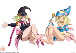 Rule 34 | 2girls, absurdres, bare legs, bare shoulders, barefoot, blonde hair, blush stickers, breasts, cellphone, chain, cleavage, dark magician girl, duel monster, feet, female focus, gagaga girl, green eyes, hat, highres, long hair, looking at viewer, magical girl, medium breasts, multiple girls, one eye closed, open mouth, patreon, phone, red eyes, shiny clothes, shiny skin, sitting, smile, soles, toes, wand, wizard hat, yu-gi-oh!