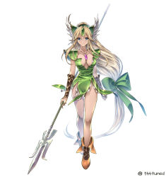 Rule 34 | 144 (riesztan), 1girl, absurdly long hair, armor, arms at sides, blonde hair, blue eyes, blush, boots, bow, breasts, brown footwear, cleavage, closed mouth, crying, crying with eyes open, dress, forehead jewel, frown, full body, green bow, green dress, hair bow, helmet, highres, holding, holding weapon, jewelry, large breasts, long hair, looking at viewer, low-tied long hair, parted bangs, pauldrons, pendant, polearm, riesz, seiken densetsu, seiken densetsu 3, short dress, shoulder armor, sidelocks, simple background, solo, spear, standing, straight-on, tachi-e, tears, twitter username, very long hair, weapon, white background, winged helmet