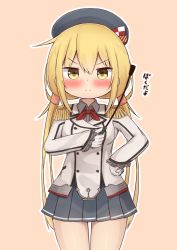 Rule 34 | 1girl, beret, black hat, black skirt, blonde hair, buttons, commentary request, cosplay, cowboy shot, epaulettes, frilled sleeves, frills, gloves, hat, jacket, kantai collection, kashima (kancolle), kashima (kancolle) (cosplay), long hair, long sleeves, looking at viewer, low twintails, military, military jacket, military uniform, miniskirt, neckerchief, nepty (silkey vod), pink background, pleated skirt, red neckerchief, riding crop, satsuki (kancolle), skirt, solo, standing, twintails, uniform, white gloves, white jacket, yellow eyes